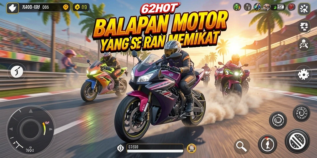 Screenshot gameplay 62HOT menampilkan aksi balapan motor yang mendebarkan.