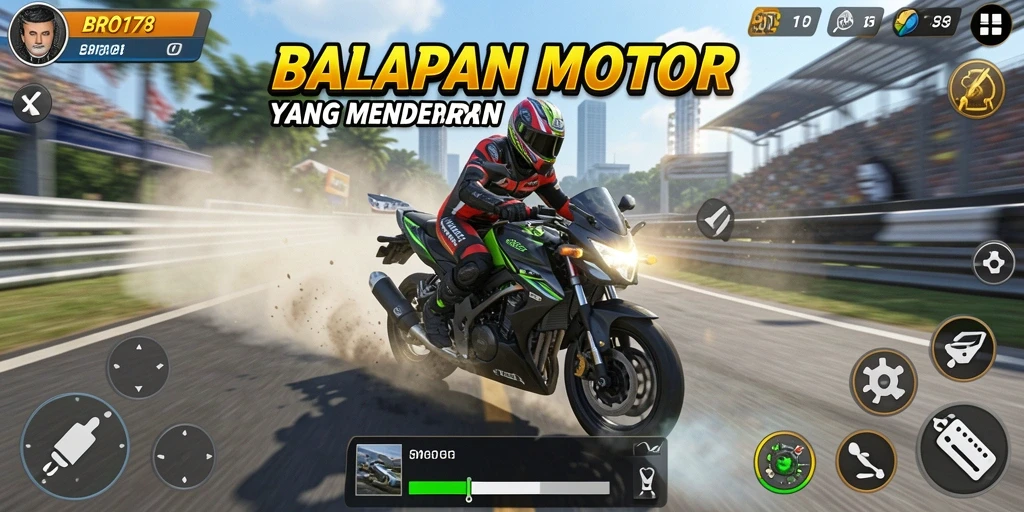 Screenshot utama BRO178 menampilkan balapan motor yang intens dan penuh aksi.