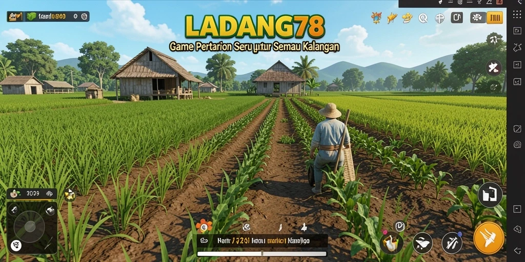 Tangkapan layar gameplay LADANG78 dengan berbagai tanaman dan ladang yang subur.