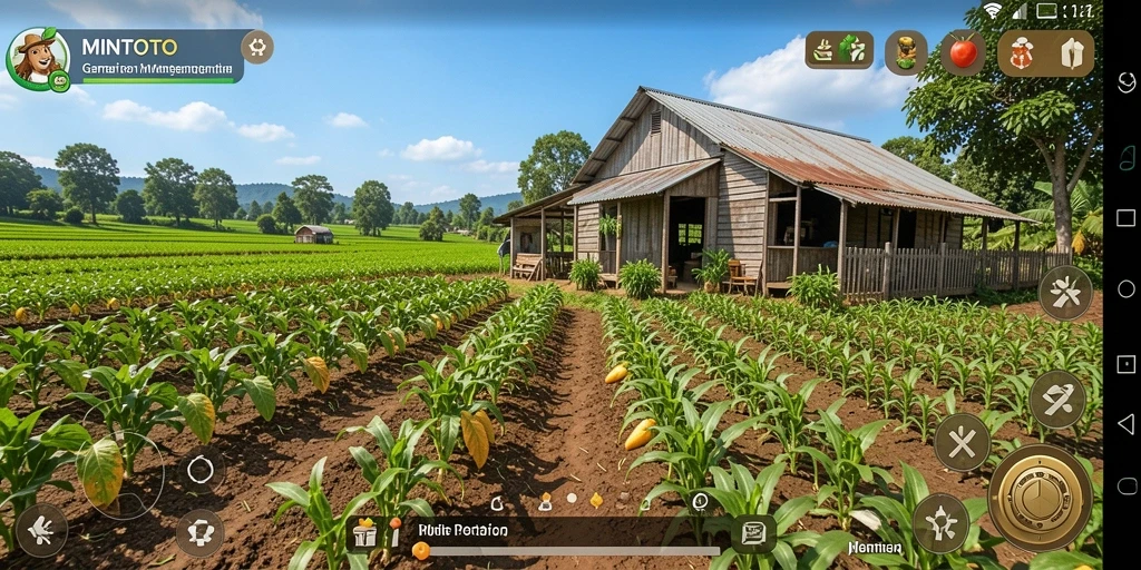 Tampilan gameplay MINTOTO dengan ladang yang luas dan tanaman yang beragam.