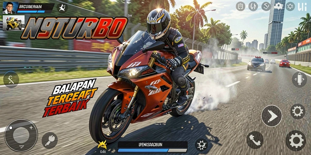 Tampilan gameplay N9TURBO dengan aksi balapan motor yang cepat.
