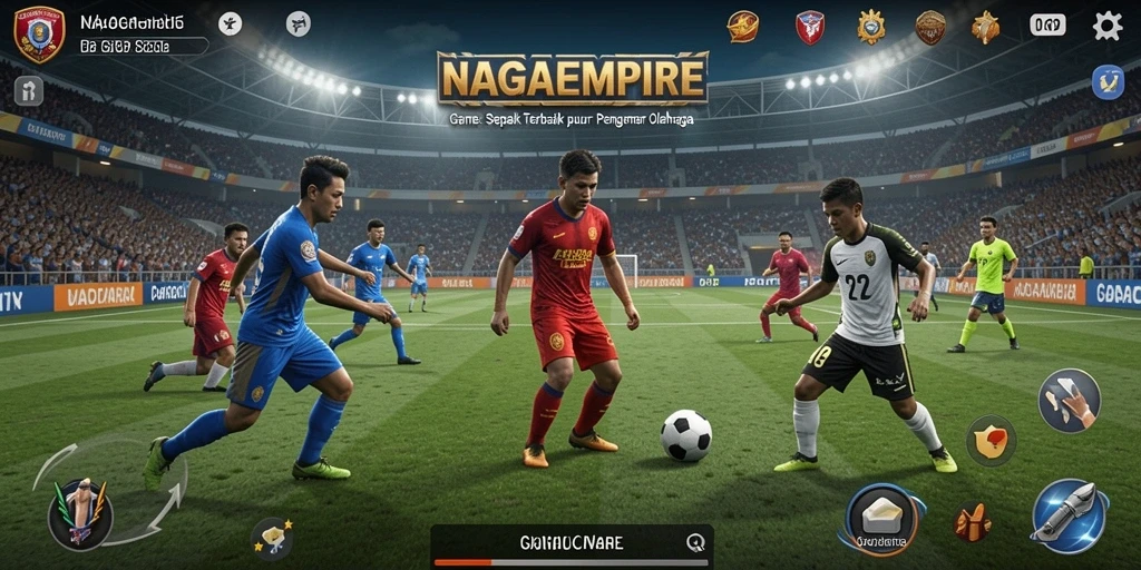 Screenshot gameplay NAGAEMPIRE menampilkan aksi seru di lapangan sepak bola.