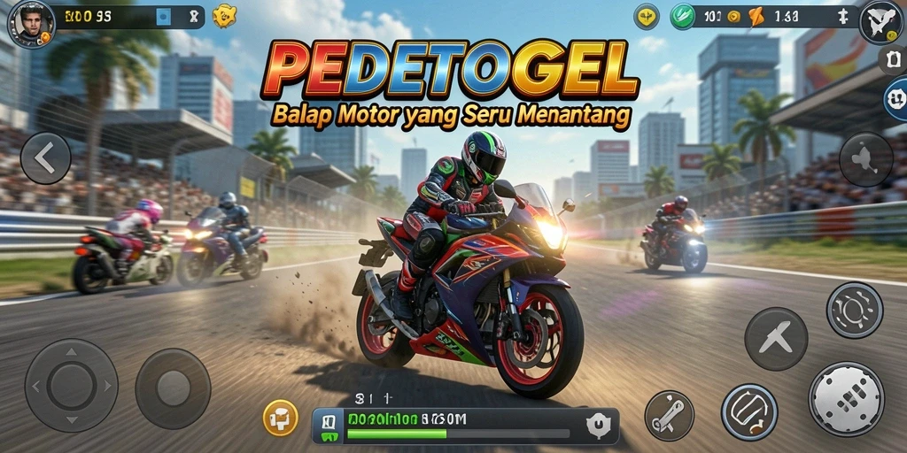 Screenshot dari gameplay PEDETOGEL yang menunjukkan balapan motor seru.