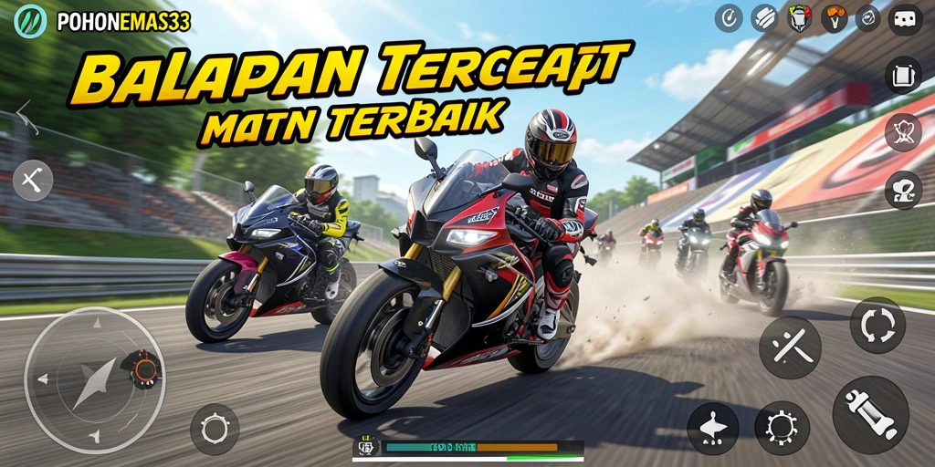 Screenshot gameplay POHONEMAS33 menampilkan aksi balapan motor yang mendebarkan.
