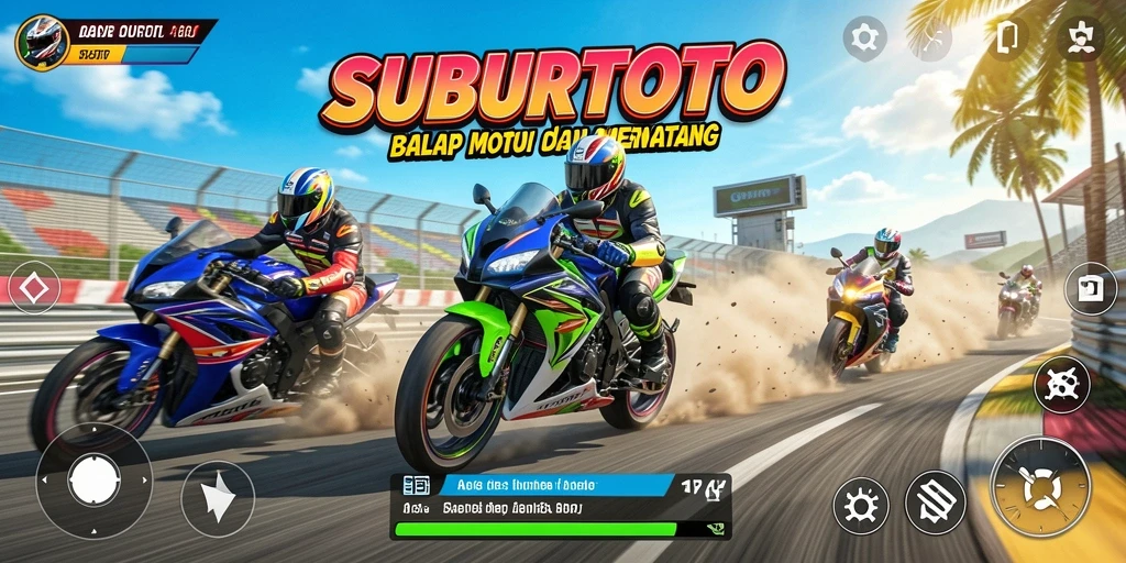 Screenshot gameplay seru di SUBURTOTO dengan balapan motor yang intens.