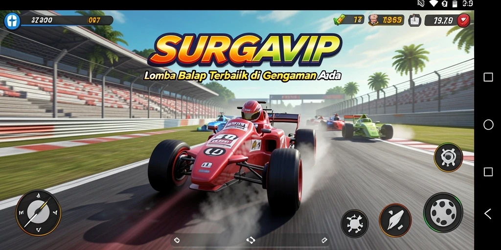 Gameplay mendebarkan di SURGAVIP dengan mobil balap cepat.