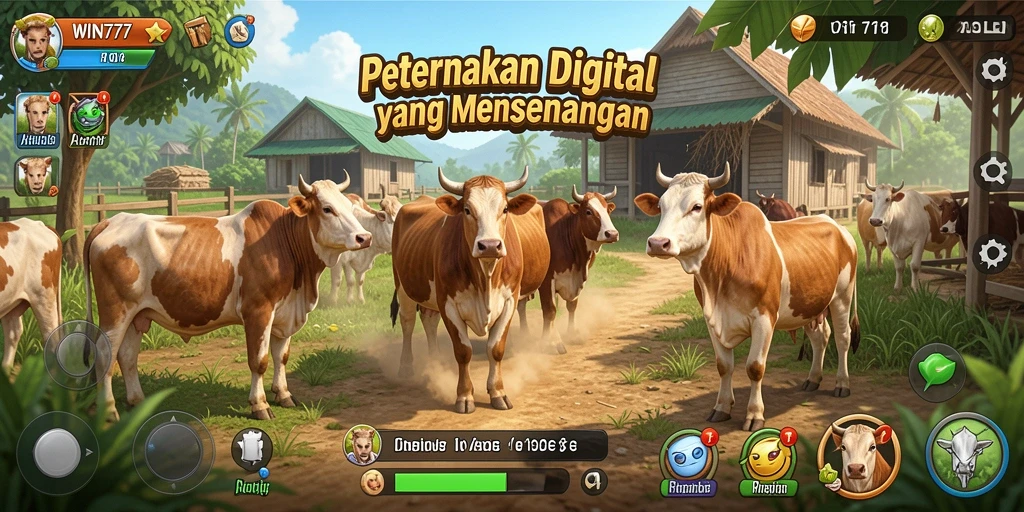 Tampilan gameplay WIN777 dengan pertanian dan hewan yang aktivitas yang menyenangkan.